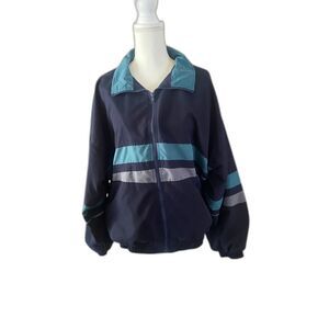 VTG Bill Blass Windbreaker Jacket Navy Teal Gray Men’s L Raglan Sleeve